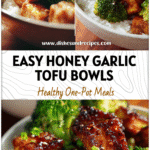 Bowl of crispy honey garlic tofu with broccoli over rice for a flavorful Garlic Tofu Dinner.
